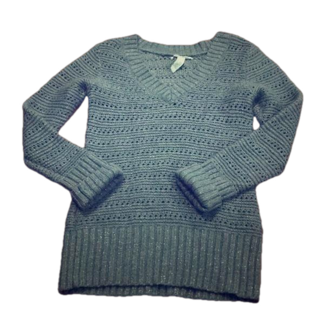 Lucky Brand Classic V-Neck Knit Sweater - Grey/ Silver Metalic